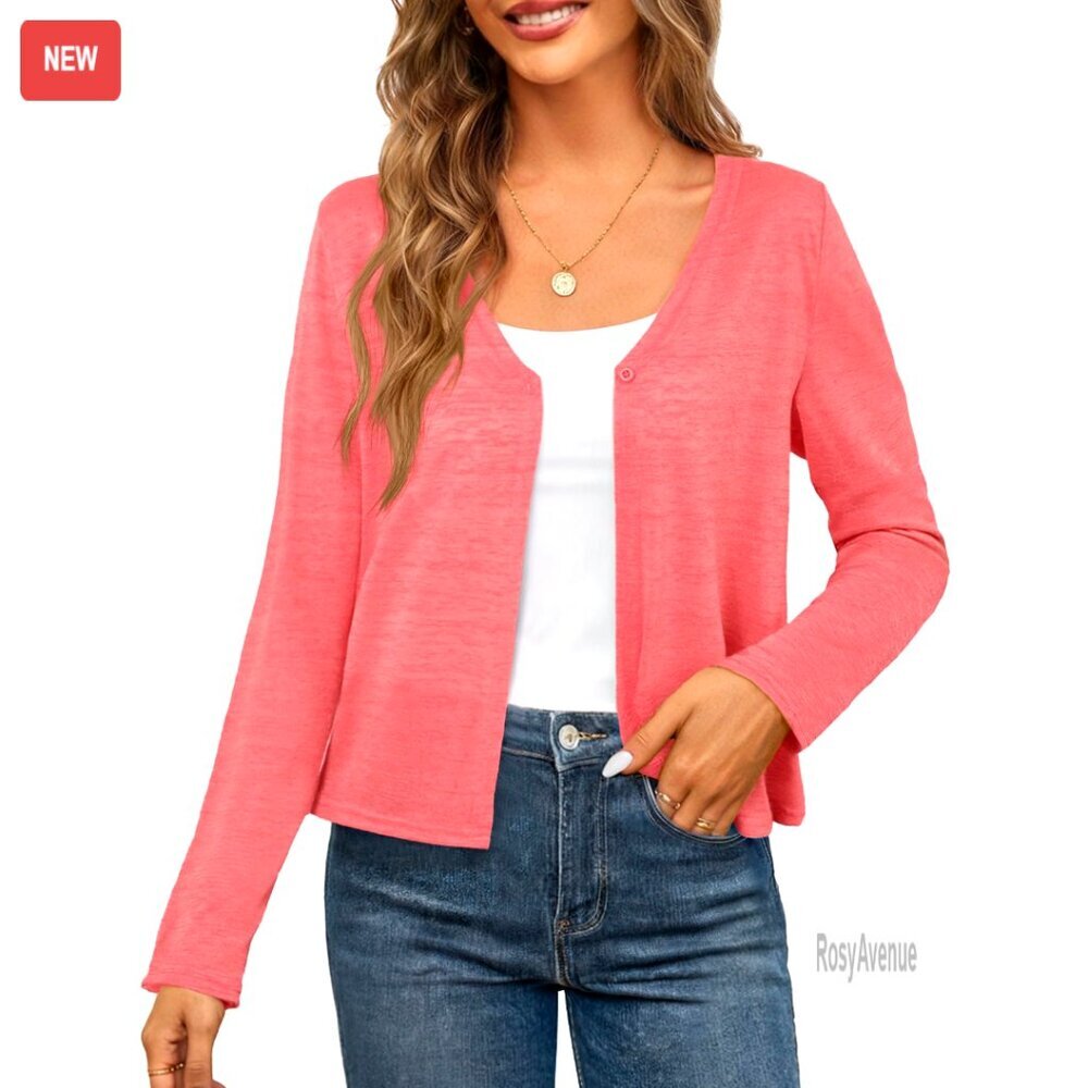 Lightweight Open Front Cardigan Sheer V-Neck Long Sleeve Button Cover Up